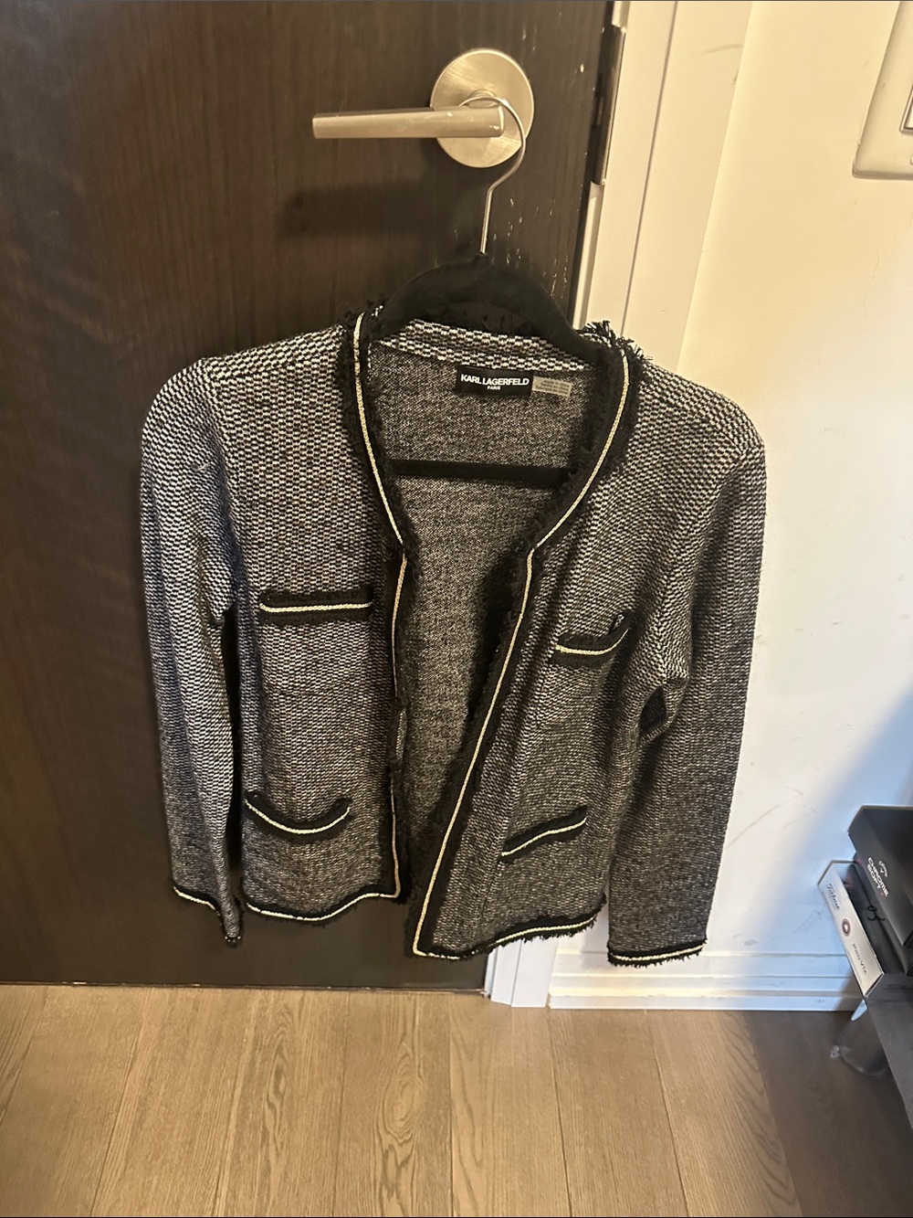 Karl Lagerfeld Black and Gray Tweed Open-Front Blazer